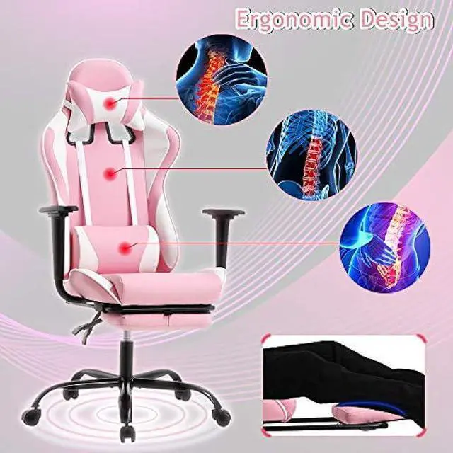 Alt view image 4 of 6 - Pink Gaming Chair Office Chair Desk Chair for Girls, High Back Ergonomic PC Racing Chair w/Lumbar Support & Retractable Footrest PU Leather Recliner Swivel Cute Computer Game Chair for Women