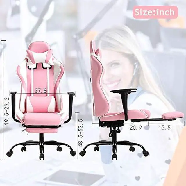 Alt view image 2 of 6 - Pink Gaming Chair Office Chair Desk Chair for Girls, High Back Ergonomic PC Racing Chair w/Lumbar Support & Retractable Footrest PU Leather Recliner Swivel Cute Computer Game Chair for Women