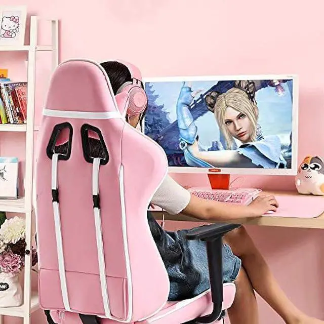 Alt view image 3 of 6 - Pink Gaming Chair Office Chair Desk Chair for Girls, High Back Ergonomic PC Racing Chair w/Lumbar Support & Retractable Footrest PU Leather Recliner Swivel Cute Computer Game Chair for Women