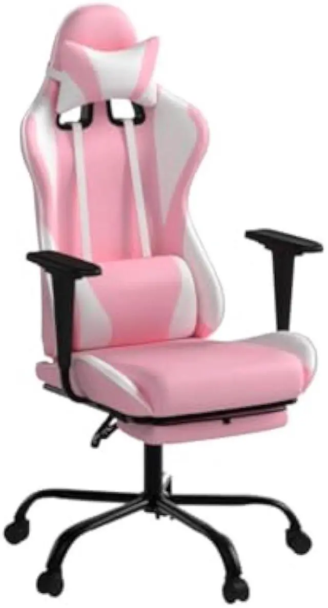 Alt view image 5 of 6 - Pink Gaming Chair Office Chair Desk Chair for Girls, High Back Ergonomic PC Racing Chair w/Lumbar Support & Retractable Footrest PU Leather Recliner Swivel Cute Computer Game Chair for Women