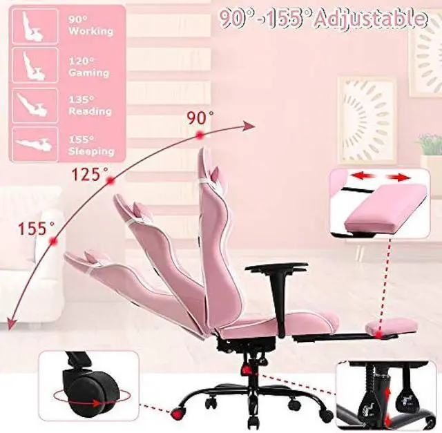 Alt view image 6 of 6 - Pink Gaming Chair Office Chair Desk Chair for Girls, High Back Ergonomic PC Racing Chair w/Lumbar Support & Retractable Footrest PU Leather Recliner Swivel Cute Computer Game Chair for Women
