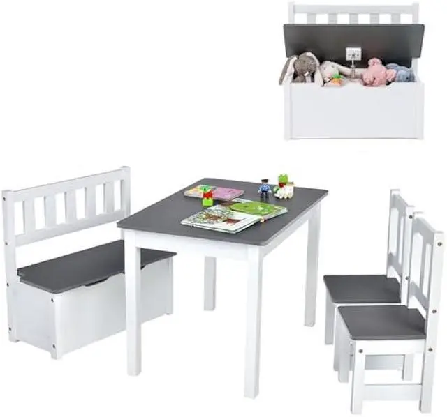 Main image of Costzon 2 in 1 Kids Table and Chair Set, Wood Activity Table with Toy Storage Bench & 2 Chairs for Children Reading, Arts, Crafts, Snack Time, Homework, Playroom, Toddler Table and Chairs (Grey)