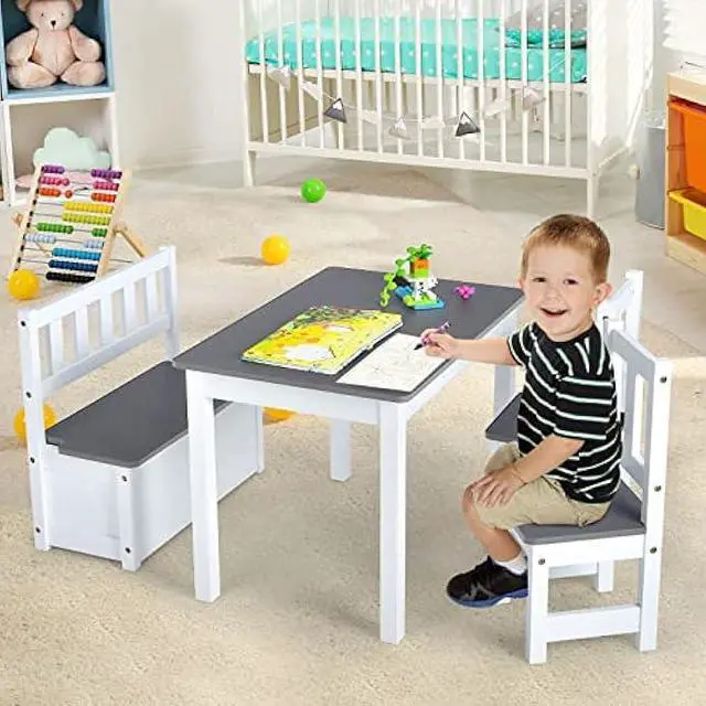 Alt view image 2 of 5 - Costzon 2 in 1 Kids Table and Chair Set, Wood Activity Table with Toy Storage Bench & 2 Chairs for Children Reading, Arts, Crafts, Snack Time, Homework, Playroom, Toddler Table and Chairs (Grey)