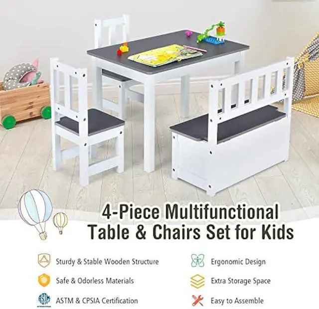 Alt view image 4 of 5 - Costzon 2 in 1 Kids Table and Chair Set, Wood Activity Table with Toy Storage Bench & 2 Chairs for Children Reading, Arts, Crafts, Snack Time, Homework, Playroom, Toddler Table and Chairs (Grey)