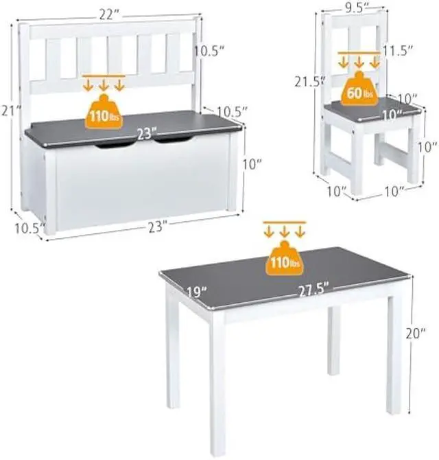 Alt view image 3 of 5 - Costzon 2 in 1 Kids Table and Chair Set, Wood Activity Table with Toy Storage Bench & 2 Chairs for Children Reading, Arts, Crafts, Snack Time, Homework, Playroom, Toddler Table and Chairs (Grey)