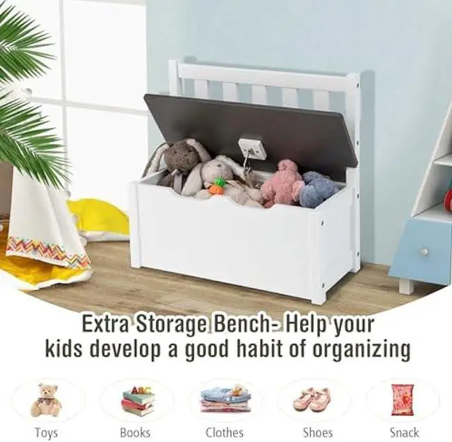 Alt view image 5 of 5 - Costzon 2 in 1 Kids Table and Chair Set, Wood Activity Table with Toy Storage Bench & 2 Chairs for Children Reading, Arts, Crafts, Snack Time, Homework, Playroom, Toddler Table and Chairs (Grey)