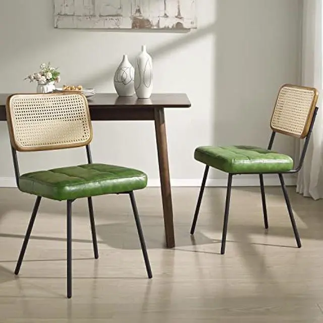 Main image of Art Leon Boho Dining Chairs Set of 2 - Mid Century Modern Dining Room Chairs with Rattan Back, Faux Leather Armless Kitchen Chairs Rattan Chair, Green
