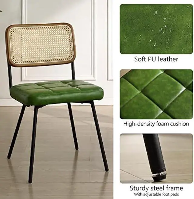 Alt view image 5 of 7 - Art Leon Boho Dining Chairs Set of 2 - Mid Century Modern Dining Room Chairs with Rattan Back, Faux Leather Armless Kitchen Chairs Rattan Chair, Green