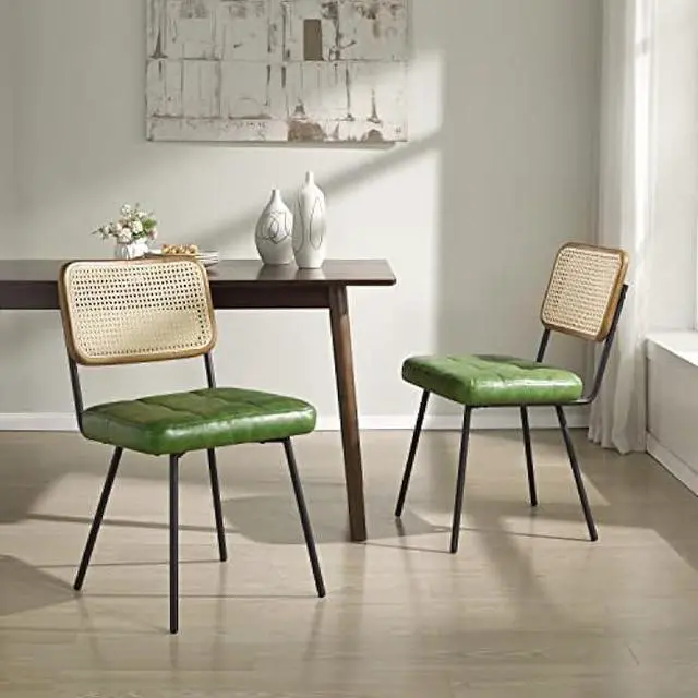 Alt view image 7 of 7 - Art Leon Boho Dining Chairs Set of 2 - Mid Century Modern Dining Room Chairs with Rattan Back, Faux Leather Armless Kitchen Chairs Rattan Chair, Green