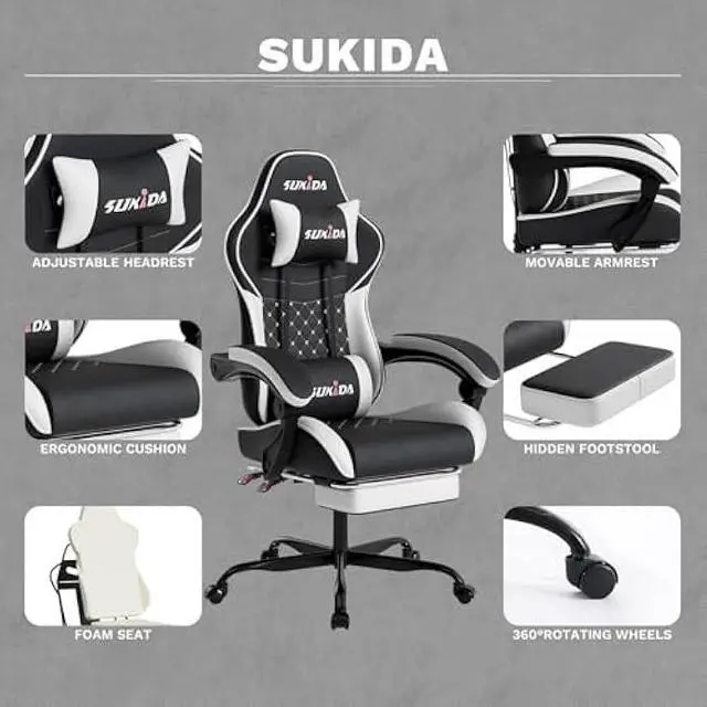 Alt view image 4 of 4 - Ergonomic Video Gamer Chairs Gaming Computer Chair Gamer Chairs for Adults Massage Lumbar Support Swivel Height Adjustable Headrest Backrest