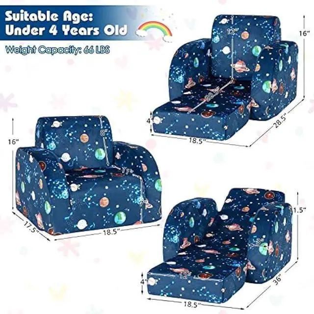 Alt view image 3 of 6 - Costzon Kids Couch, 3 in 1 Convertible Flip Open Children's Sofa w/Foam-Padded Seat, Toddler Armrest Chair Bed for Nap Play Sleep, Fold Out Lounger Kids Sofa, Gift for Children Boys Girls (Planet)