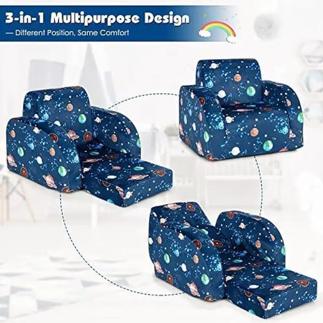 Alt view image 4 of 6 - Costzon Kids Couch, 3 in 1 Convertible Flip Open Children's Sofa w/Foam-Padded Seat, Toddler Armrest Chair Bed for Nap Play Sleep, Fold Out Lounger Kids Sofa, Gift for Children Boys Girls (Planet)