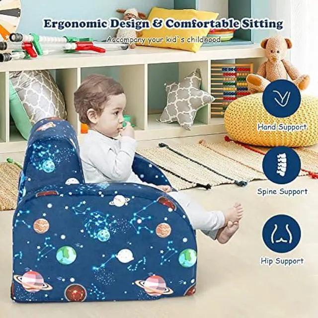 Alt view image 6 of 6 - Costzon Kids Couch, 3 in 1 Convertible Flip Open Children's Sofa w/Foam-Padded Seat, Toddler Armrest Chair Bed for Nap Play Sleep, Fold Out Lounger Kids Sofa, Gift for Children Boys Girls (Planet)