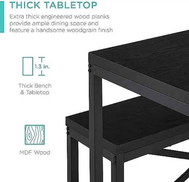 Alt view image 5 of 5 - Best Choice Products 45.5in 3-Piece Bench Style Dining Furniture Set, 4-Person Space-Saving Dinette for Kitchen, Dining Room w/ 2 Benches, Table - Black/Black