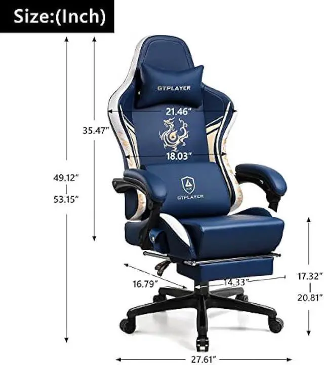 Alt view image 3 of 5 - GTPLAYER Gaming Chair with Bluetooth Speakers and Footrest, Dragon Series Video Game Chair Heavy Duty, Ergonomic, Esports Computer Office Chair Blue (Royal Blue)