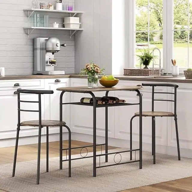 Alt view image 2 of 6 - Topeakmart 3 Piece Kitchen Table Set - Dining Table Sets for 2 - Compact Table and Chairs w/Steel Frame & Shelf Storage for Small Spaces, Apartment,Bistro - Drift Brown