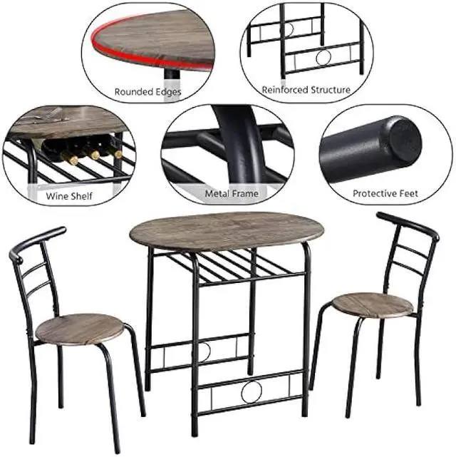 Alt view image 4 of 6 - Topeakmart 3 Piece Kitchen Table Set - Dining Table Sets for 2 - Compact Table and Chairs w/Steel Frame & Shelf Storage for Small Spaces, Apartment,Bistro - Drift Brown