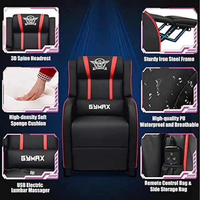 Alt view image 5 of 5 - POWERSTONE Gaming Recliner Chair, Reclining Gaming Chairs for Adults Ergonomic Leather Sofa with Footrest Lumbar Support Headrest and Side Pouch for Living Room Home Theater, Red