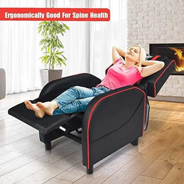 Alt view image 4 of 5 - POWERSTONE Gaming Recliner Chair, Reclining Gaming Chairs for Adults Ergonomic Leather Sofa with Footrest Lumbar Support Headrest and Side Pouch for Living Room Home Theater, Red