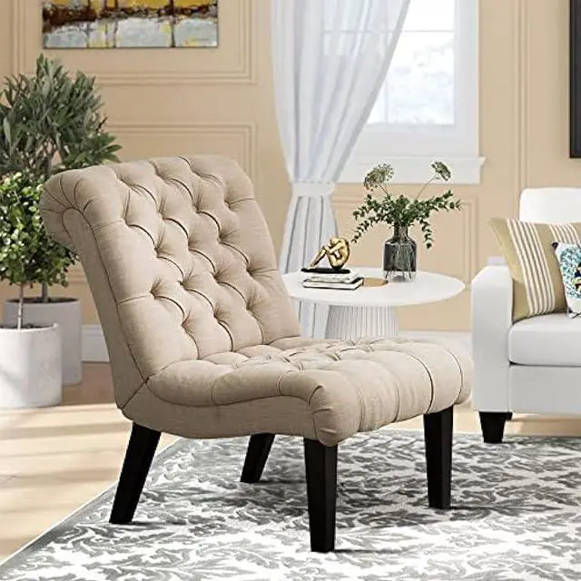 Alt view image 3 of 5 - Yongqiang Upholstered Accent Chair for Bedroom Living Room Chairs Modern Armless Side Chair with Wood Legs Khaki Fabric