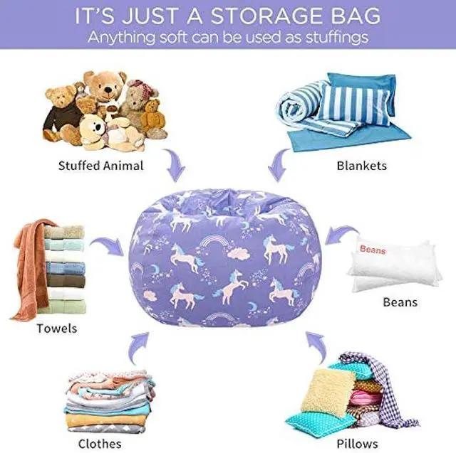 Alt view image 3 of 6 - Aubliss Stuffed Animal Storage Bean Bag, Unicorn Bean Bag Chair, Stuff 'n Sit for Kids, Large 38-Canvas Unicorn Blue