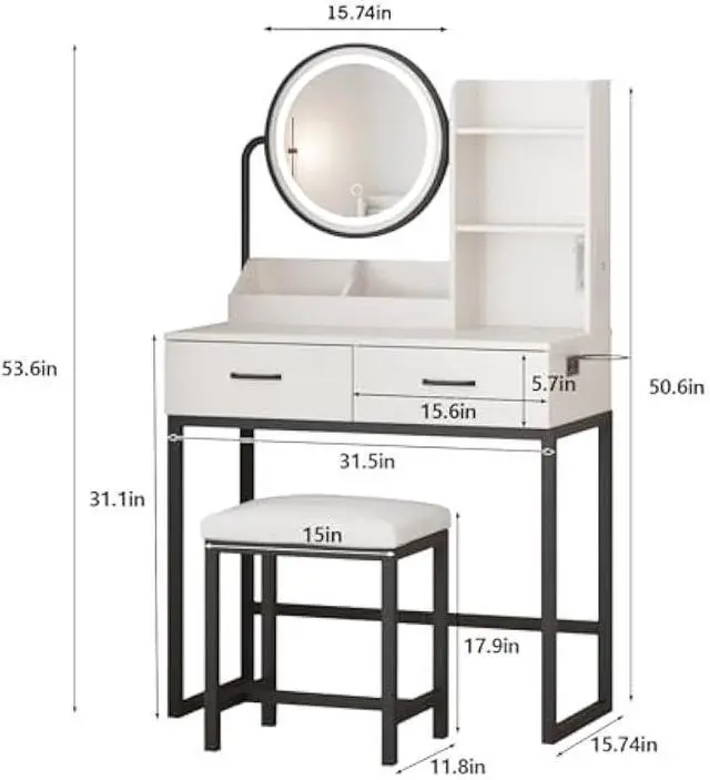 Alt view image 2 of 6 - Vabches Makeup Vanity with Round Mirror and Lights, White Vanity Makeup Table with Charging Station, Small Vanity Table for Bedroom, 3 Lighting Modes, 31.5in(L)