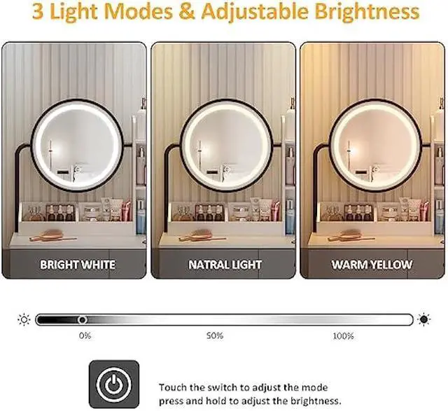 Alt view image 5 of 6 - Vabches Makeup Vanity with Round Mirror and Lights, White Vanity Makeup Table with Charging Station, Small Vanity Table for Bedroom, 3 Lighting Modes, 31.5in(L)