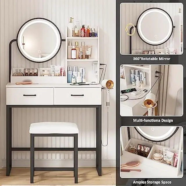 Alt view image 6 of 6 - Vabches Makeup Vanity with Round Mirror and Lights, White Vanity Makeup Table with Charging Station, Small Vanity Table for Bedroom, 3 Lighting Modes, 31.5in(L)