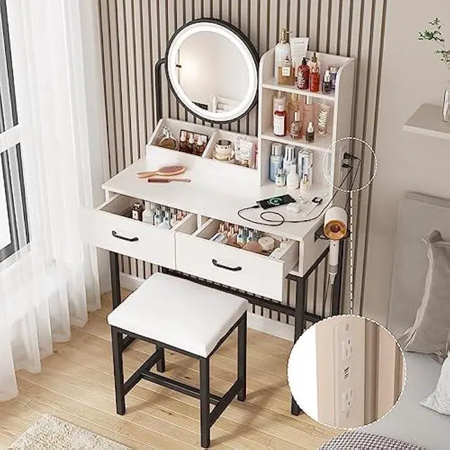 Alt view image 3 of 6 - Vabches Makeup Vanity with Round Mirror and Lights, White Vanity Makeup Table with Charging Station, Small Vanity Table for Bedroom, 3 Lighting Modes, 31.5in(L)