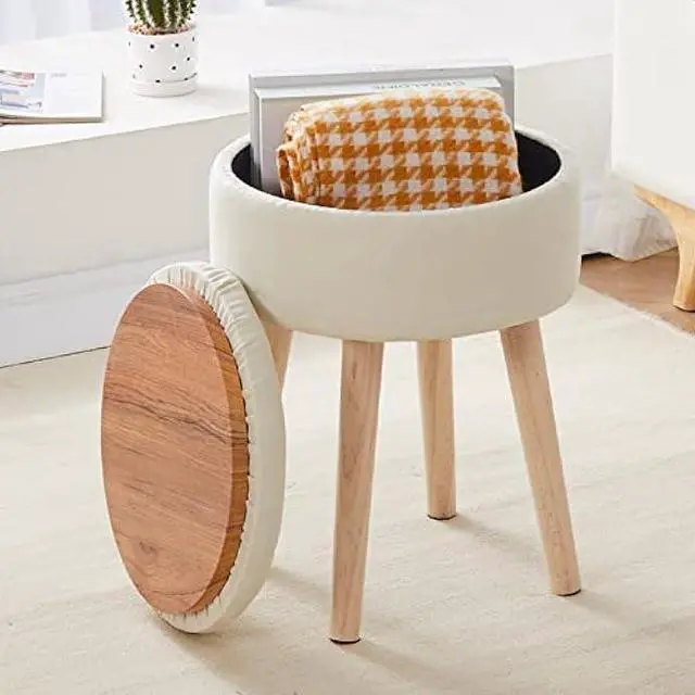 Main image of Mxfurhawa Storage Ottoman Linen Round Vanity Stool Tray Top Modern Foot Stool with Wood Legs Multifunctional Upholstered Foot Ottoman Rest for Living Room, Bathroom, Makeup (White)