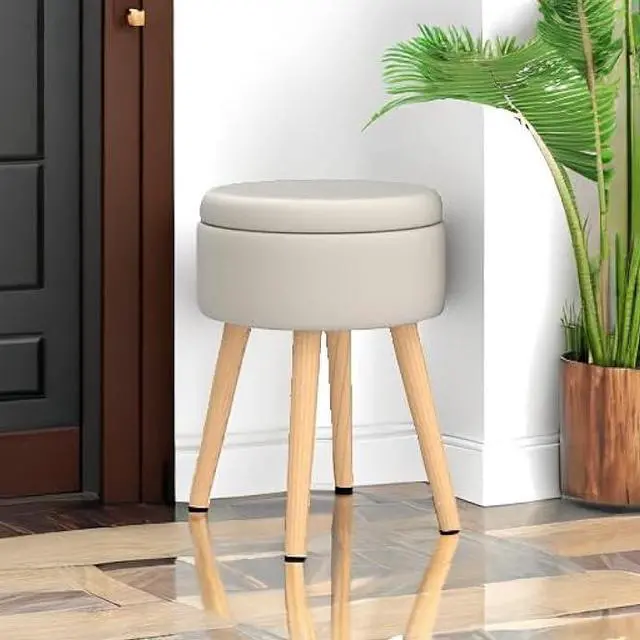 Alt view image 5 of 5 - Mxfurhawa Storage Ottoman Linen Round Vanity Stool Tray Top Modern Foot Stool with Wood Legs Multifunctional Upholstered Foot Ottoman Rest for Living Room, Bathroom, Makeup (White)