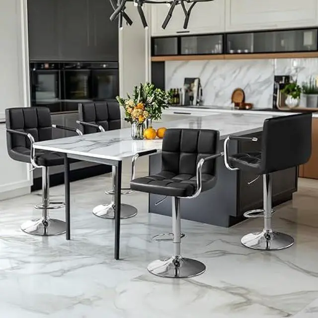 Alt view image 2 of 5 - Yaheetech Bart Stools Set of 4, PU Leather Adjustable Barstools with Armrest, Counter Height Stool Chairs with Thickened Seat Cushion for Kitchen Island, Black