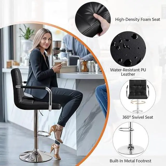 Alt view image 5 of 5 - Yaheetech Bart Stools Set of 4, PU Leather Adjustable Barstools with Armrest, Counter Height Stool Chairs with Thickened Seat Cushion for Kitchen Island, Black