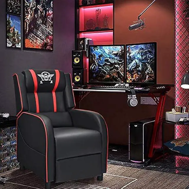 Alt view image 2 of 6 - Giantex Gaming Recliner Chair, Adjustable Massage Gaming Chairs for Adults, Ergonomic Comfortable Lounge Leather Sofa w/Footrest, Remote Control & Side Pocket, Racing Style Single Sofa Recliners, Red