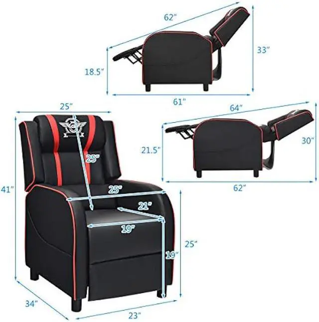 Alt view image 3 of 6 - Giantex Gaming Recliner Chair, Adjustable Massage Gaming Chairs for Adults, Ergonomic Comfortable Lounge Leather Sofa w/Footrest, Remote Control & Side Pocket, Racing Style Single Sofa Recliners, Red