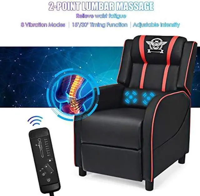Alt view image 5 of 6 - Giantex Gaming Recliner Chair, Adjustable Massage Gaming Chairs for Adults, Ergonomic Comfortable Lounge Leather Sofa w/Footrest, Remote Control & Side Pocket, Racing Style Single Sofa Recliners, Red