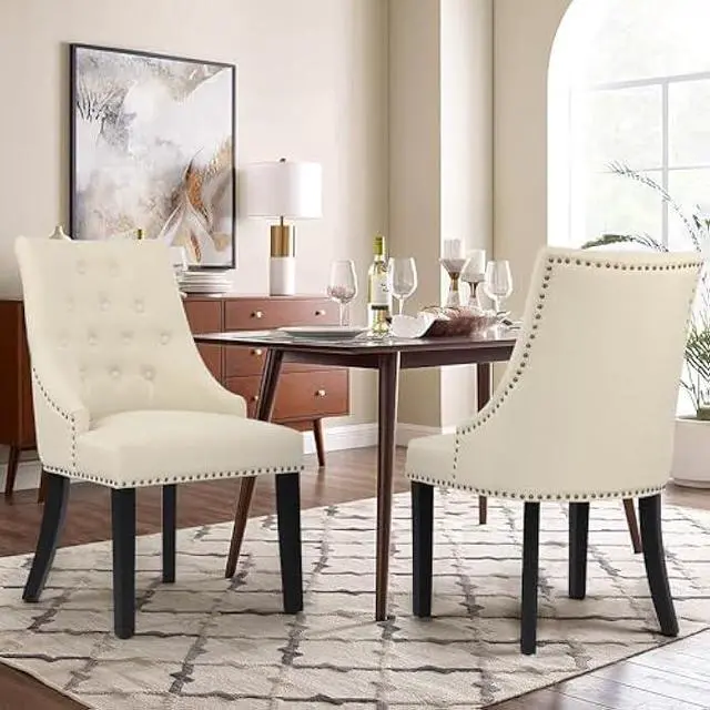 Alt view image 2 of 7 - DAGONHIL Fabric Dining Chairs Set of 2 Tufted Dining Room Chairs Upholstered Kitchen Chairs, Accent Chairs with Black Solid Wood Legs, Nailed Trim (Beige)
