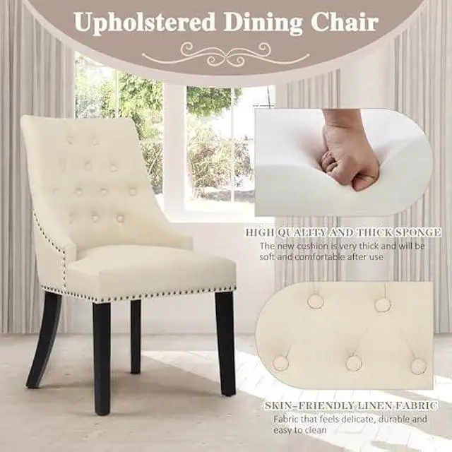 Alt view image 4 of 7 - DAGONHIL Fabric Dining Chairs Set of 2 Tufted Dining Room Chairs Upholstered Kitchen Chairs, Accent Chairs with Black Solid Wood Legs, Nailed Trim (Beige)