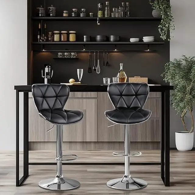 Alt view image 2 of 5 - Yaheetech Bar Stools Set of 2, Adjustable PU Leather Swivel Barstools with Shell Back, Bar Chairs with Footrest for Home Kitchen, Black