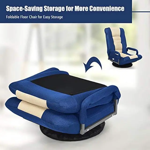 Alt view image 4 of 4 - Giantex Floor Chair, 360 Degree Swivel Chair with Adjustable Backrest, Lumbar Support, Armrest, Foldable Lazy Sofa Rocker for TV, Reading, Playing Video Games, Blue/Beige