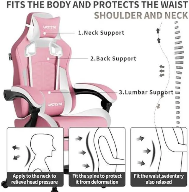 Alt view image 2 of 5 - Gaming Chair with Massage,Ergonomic PC Gaming Chair with Footrest Comfortable Headrest and Lumbar Support,High Back Game Chair PVC Leather,300LBS (Pink)