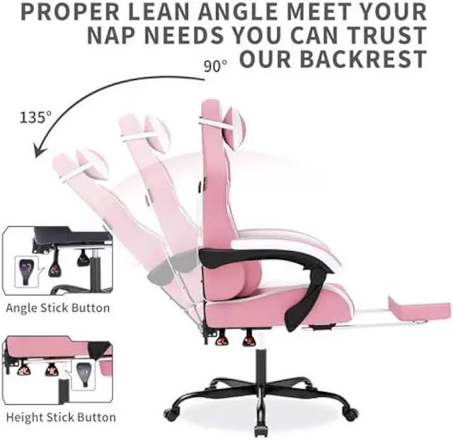 Alt view image 3 of 5 - Gaming Chair with Massage,Ergonomic PC Gaming Chair with Footrest Comfortable Headrest and Lumbar Support,High Back Game Chair PVC Leather,300LBS (Pink)