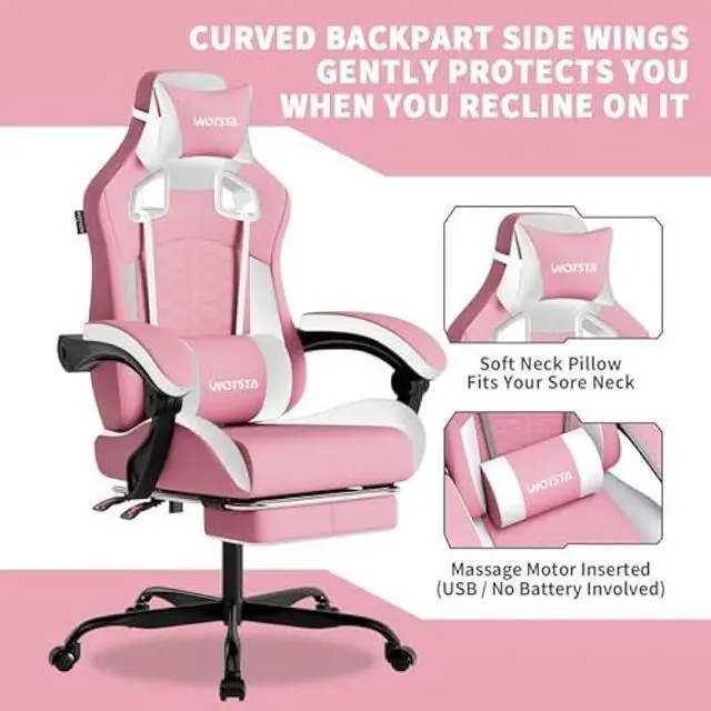 Alt view image 4 of 5 - Gaming Chair with Massage,Ergonomic PC Gaming Chair with Footrest Comfortable Headrest and Lumbar Support,High Back Game Chair PVC Leather,300LBS (Pink)