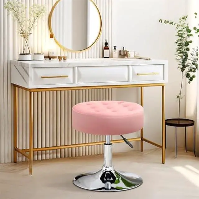 Alt view image 2 of 5 - Furnimart Pink Round Velvet Vanity Ottoman Stool, Contemporary Makeup Modern Accent Stool for Bedroom Living Room Entryway
