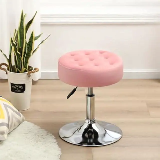 Alt view image 4 of 5 - Furnimart Pink Round Velvet Vanity Ottoman Stool, Contemporary Makeup Modern Accent Stool for Bedroom Living Room Entryway