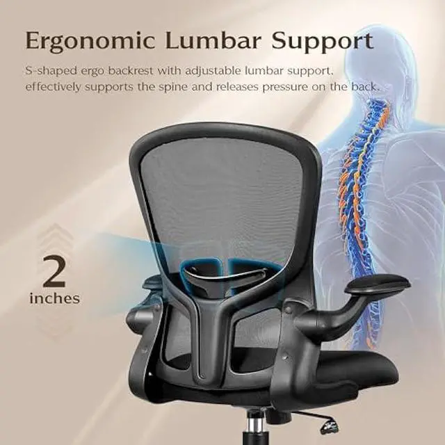Alt view image 3 of 4 - FelixKing Office Desk Chairs, Ergonomic PC Desk Chair with Wheels, Adjustable Lumbar Support and Height, Swivel Computer Chair with Flip-up Armrests, Ergo Mesh Backrest for Working (Black)