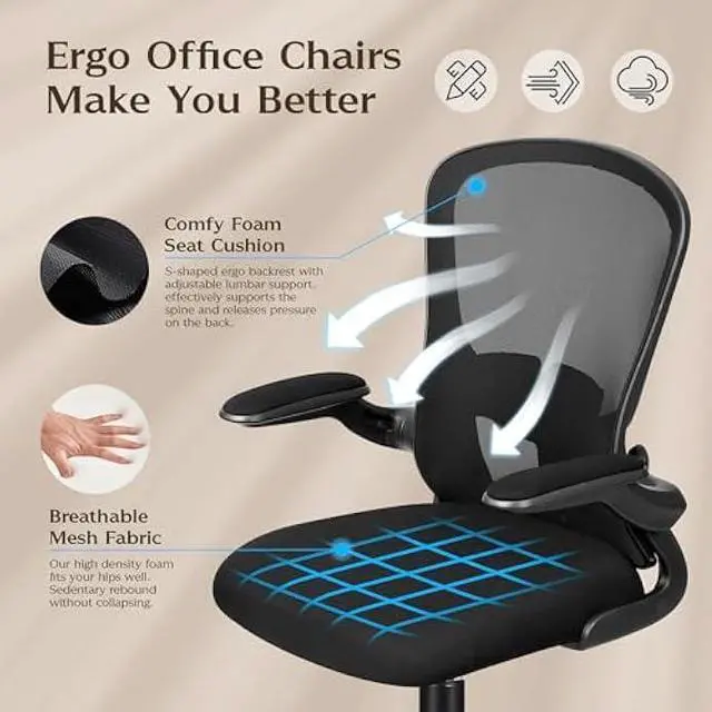 Alt view image 4 of 4 - FelixKing Office Desk Chairs, Ergonomic PC Desk Chair with Wheels, Adjustable Lumbar Support and Height, Swivel Computer Chair with Flip-up Armrests, Ergo Mesh Backrest for Working (Black)