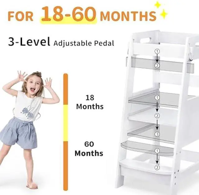 Alt view image 5 of 5 - TOETOL Bamboo Toddler Kitchen Step Stool White Helper Standing Tower Height Adjustable with Anti-Slip Protection for Kids Kitchen Counter Learning