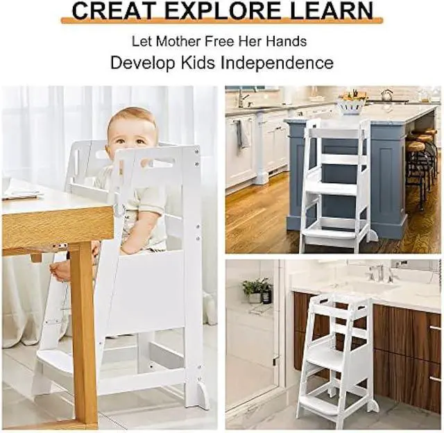 Alt view image 4 of 5 - TOETOL Bamboo Toddler Kitchen Step Stool White Helper Standing Tower Height Adjustable with Anti-Slip Protection for Kids Kitchen Counter Learning