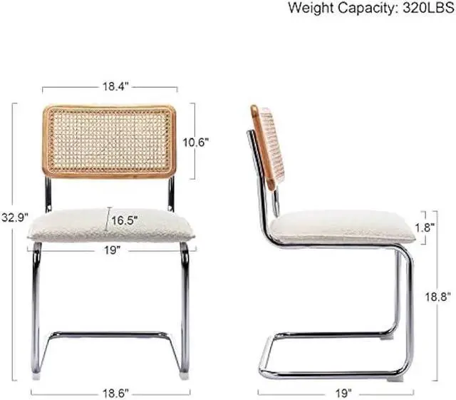 Alt view image 3 of 5 - ONEVOG Upholstered Boucle Dining Chairs Set of 2, Sturdy Rubber Wood Frame Cane Chairs, Comfy Kitchen Chairs with Natural Cane Back, Stainless Chrome Base for Dining Room, Club, Waiting Room